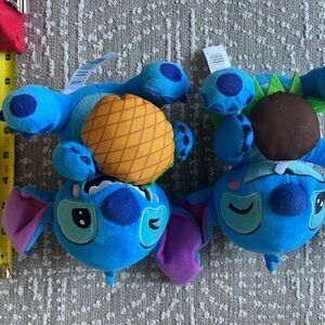 Disney Blue Stitch Plush Pair with Pineapple and Brown Coconut Accessories